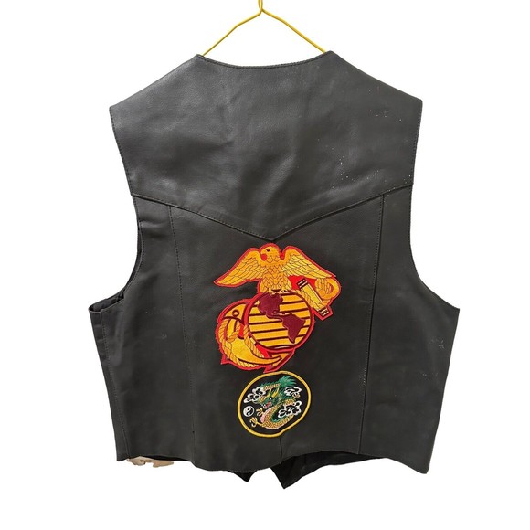Genuine Leather Vest Size 42 Biker Black With USMC patches - Picture 2 of 2